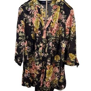 Denim 24/7 Black Floral Top 100% Cotton Lightweight‎ Cottage Button Up Size 16W